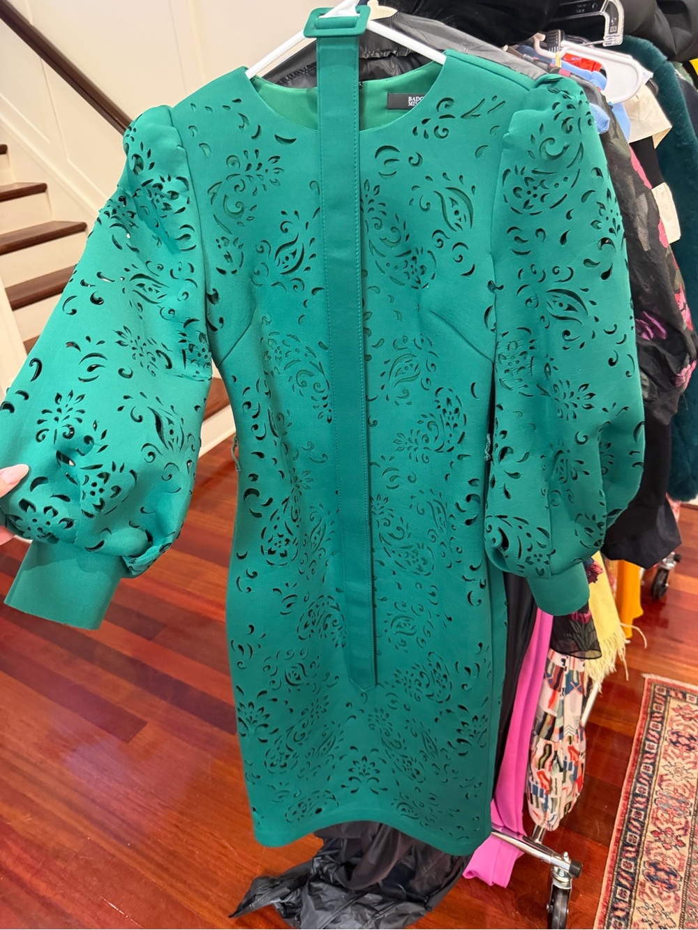 Badgley Mischka Emerald Green Laser-Cut Puff Sleeve Midi Dress
